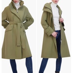 Rebecca Minkoff Olive Green Belted Trench Coat Funnel Neck lightweight sz Large